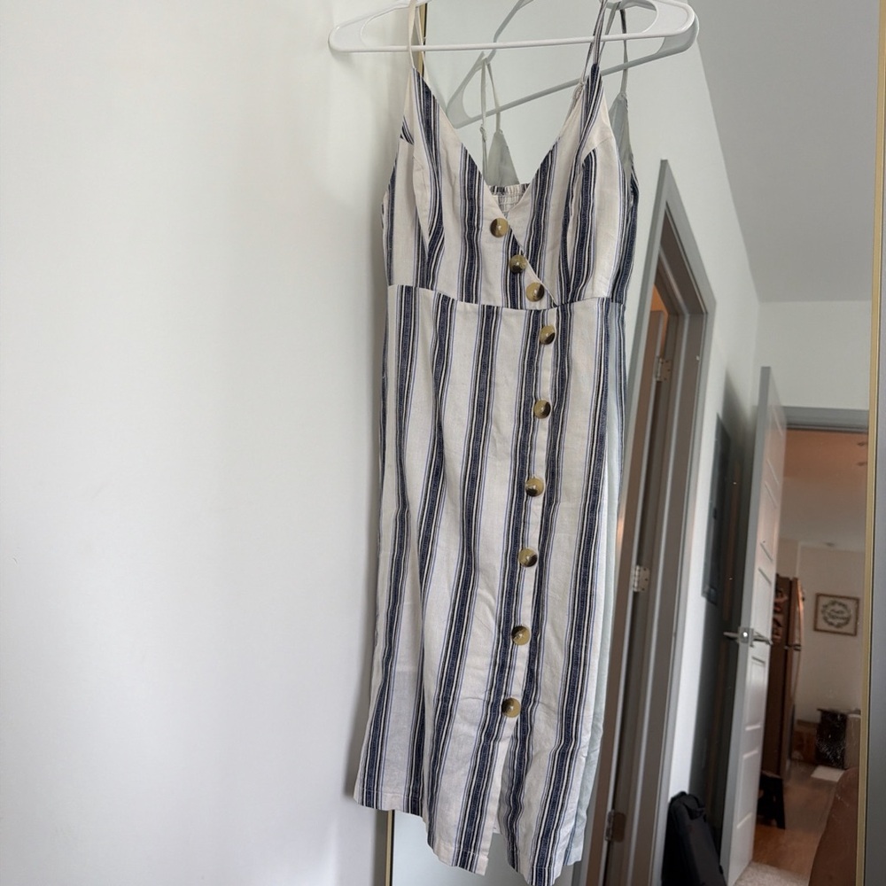 Striped Button-Front Spaghetti Strap Midi Dress - Blue/White